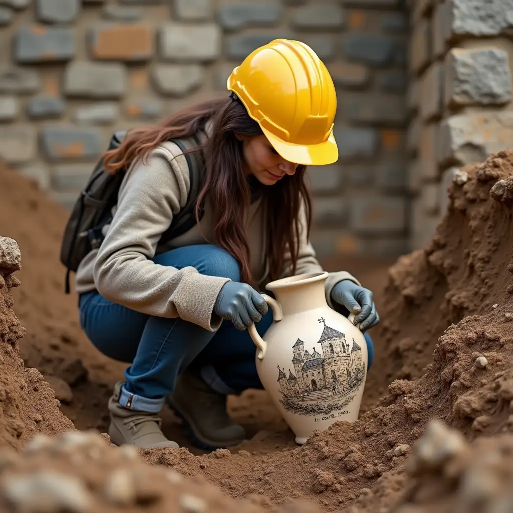 a female archaeologist, crouched, wearing a yellow construction helmet, discovers during the excavation of a medieval castle ruins a jug partly broken, matte color, with an engraved drawing of a 13th century castle with the text 'Le castel 1390'. realistic full frame