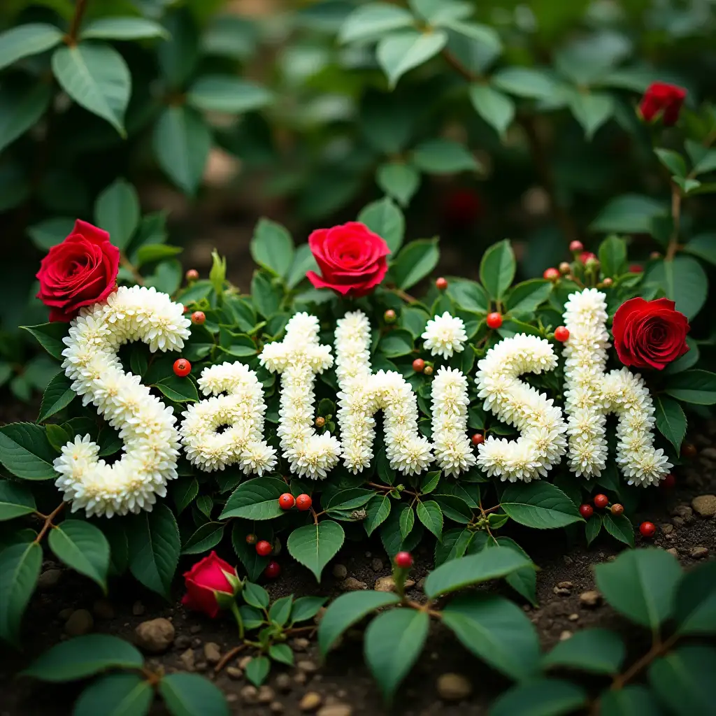 In a serene corner of the garden, the name “Sathish❤️blooms gracefully, crafted from delicate white flowers and lush green leaves. The artistry of nature is highlighted by two vibrant red roses, one at the top left and the other at the bottom right, adding a touch of passion and elegance. Scattered among the letters, small red berries provide a charming contrast, making the arrangement a perfect blend of simplicity and sophistication. This floral masterpiece not only spells out a name but also tells a story of beauty, tranquility, and the timeless allure of nature.