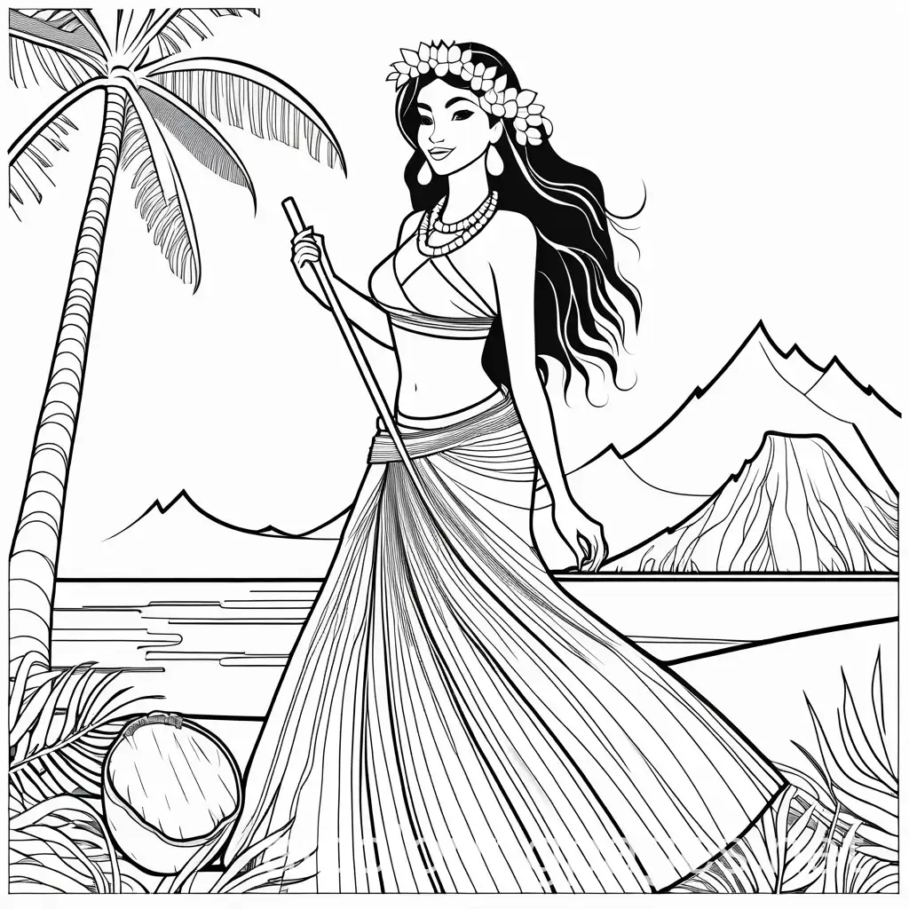 Line-Art-Hawaii-Lady-Coloring-Page-with-Coconuts-and-Grass-Skirt