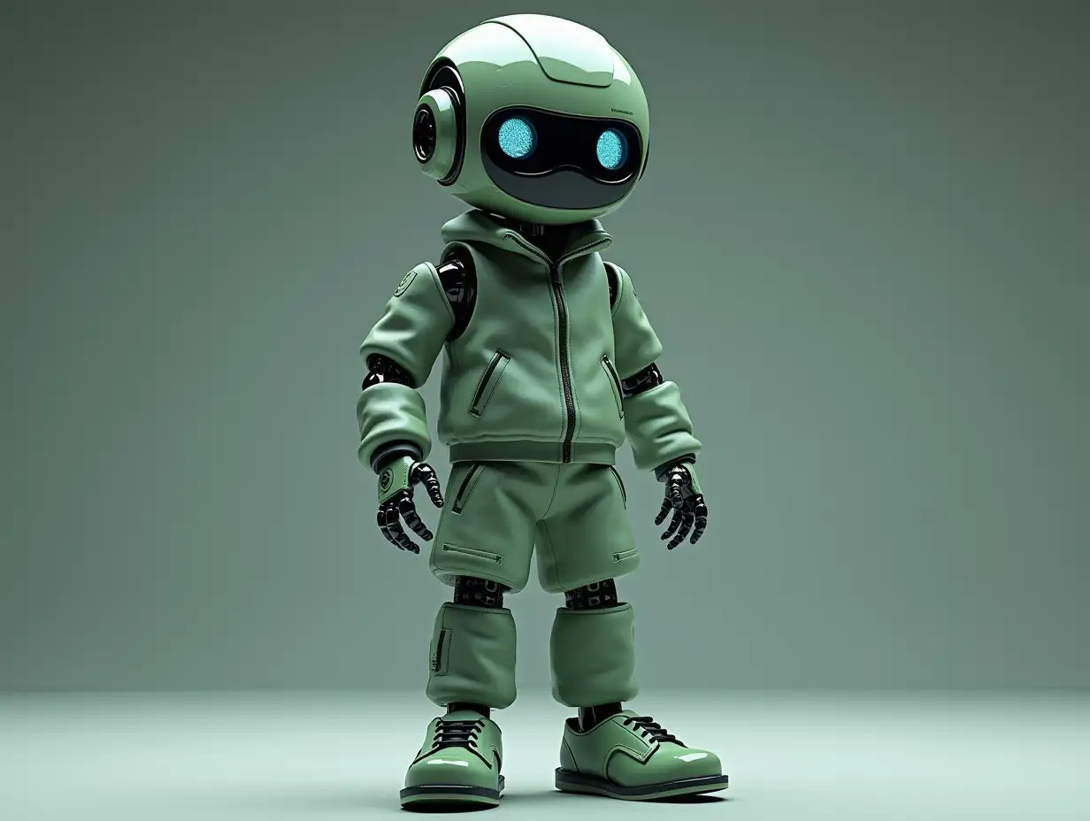 Create a high-resolution, realistic image of a robot with a skeletal body, blue eyes, green leather shoes and head wearing a fashionable tracksuit, in 4K resolution