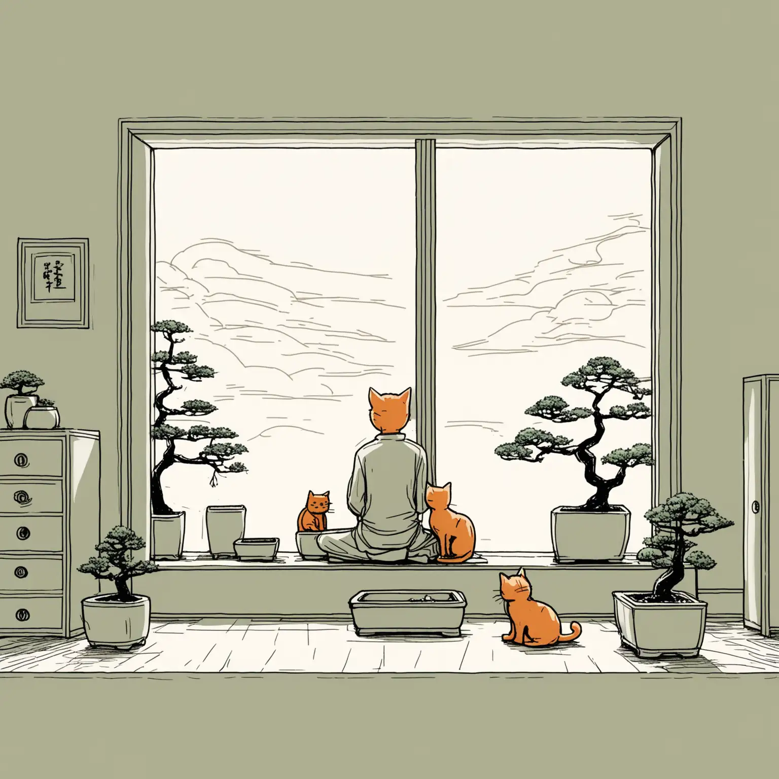 Meditative Man in a Serene Room with Bonsai Trees and an Orange Tabby Cat