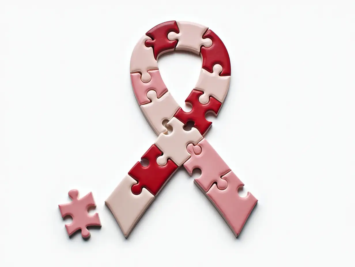 Puzzle pieces, each with a different color or pattern (representing different aspects of cancer research, treatment, prevention, support), coming together to form the shape of a cancer awareness ribbon. A few pieces might still be slightly apart, suggesting the ongoing work needed.