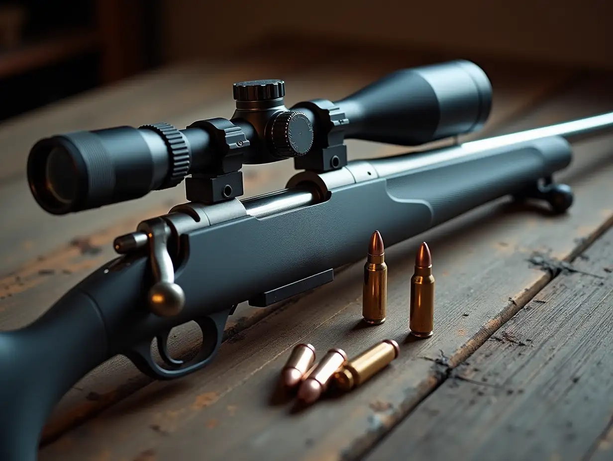 A sleek, silver and black bolt-action sniper rifle with a high-powered scope, lying flat on a rustic wooden table. The rifle's metallic surface gleams under the soft, ambient light, highlighting its precision-engineered design. A few bullets are on the table next to the rifle, the light reflecting off of its copper material. The wooden table has a weathered texture, adding a touch of ruggedness to the scene.