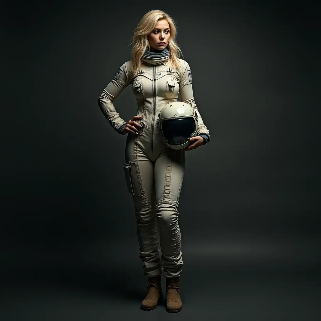 Tall blond woman in a worn space suit, She holds the helmet, Futuristic and dark, Melancholic look. The space suit is quite damaged. Zenithal lighting.