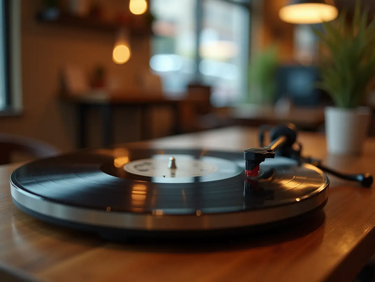 a vinyl record turntable on a wooden table, cafe shop atmosphere