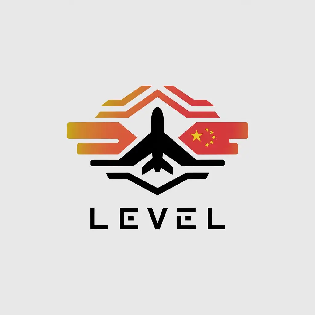 a vector logo design,with the text "Level", main symbol:Airplane and flag of China,complex,be used in travels industry,clear background