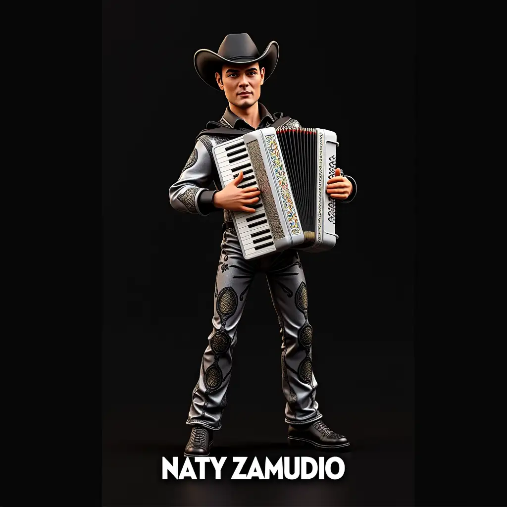 Using the photo of me that I will upload, create a realistic action figure of myself in a blister pack, styled like a premium collectible toy. The figure should be posed standing upright Dressed in a flamboyant silver and black outfit, standing confidently, holding an accordion adorned with vibrant designs that catch the eye. His expression radiates charisma, complemented by a classic black cowboy hat perched atop his head., surrounded by a dark backdrop that enhances the brightness of the scene.The text at the bottom, Naty Zamudio, boldly presents his name, suggesting a celebration of his musical talent and lively persona.render the image in high detail with photorealistic quality.