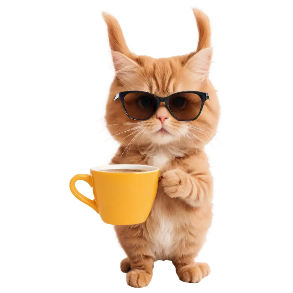 a cat wearing sunglasses, sipping coffee from a mug