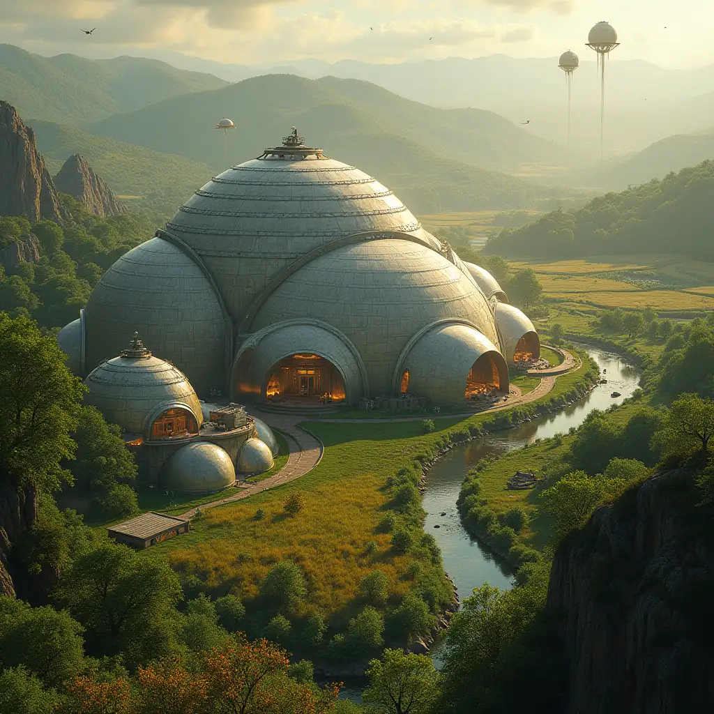 Picture of an high-tec mandala shaped ecological settlement with dome structures, fields, streams, gadgets and sun harvesting devices, flying vehicles  and some people. Photo-realistic, highly detailed, nice, hopefull atmosphere. Solar punk.