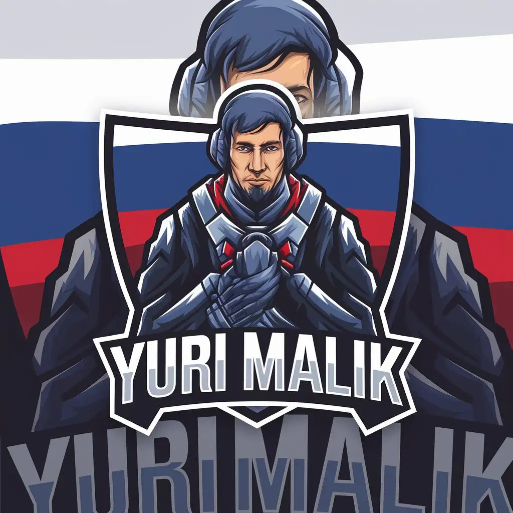 a vector logo design,with the text "Yuri Malik", main symbol:Create a Gamer Logo, with the name of my character Yuri Malik, I'm the leader of a cartel. Something that has the colors of the Russian Flag,Moderate,clear background