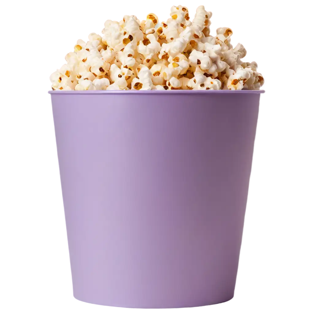 scattered popcorn, purple popcorn bucket upside down with clouds on it, lying on its side