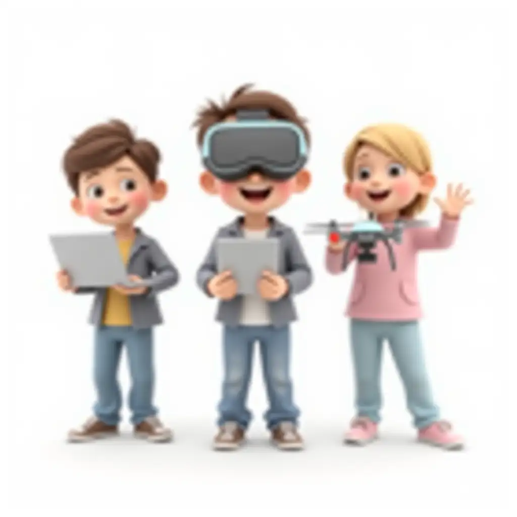 three 3-d children realistic, who are smiling, one holds VR-glasses, another laptop, third drone on white background