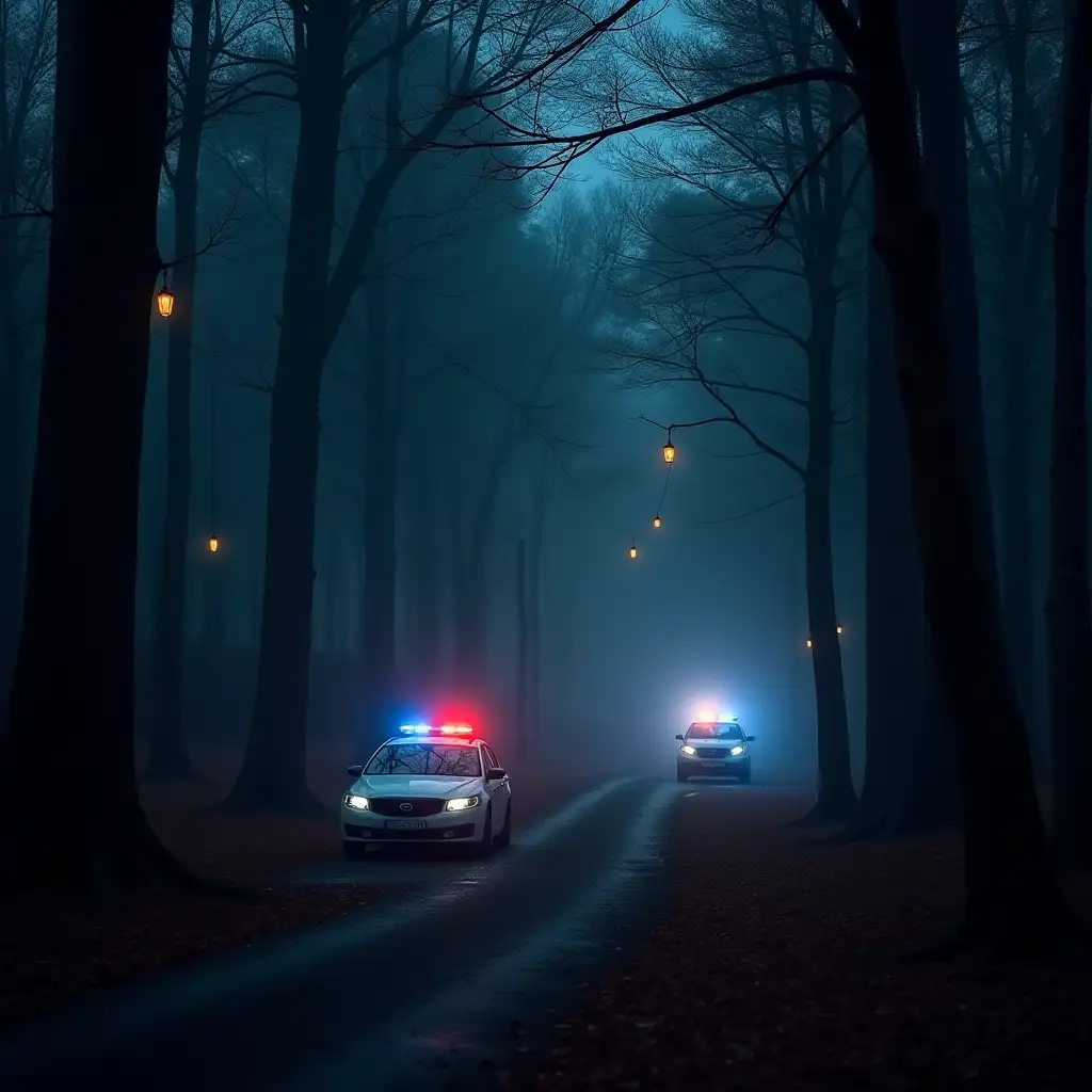 Spooky-Forest-with-Lanterns-and-Police-Cars