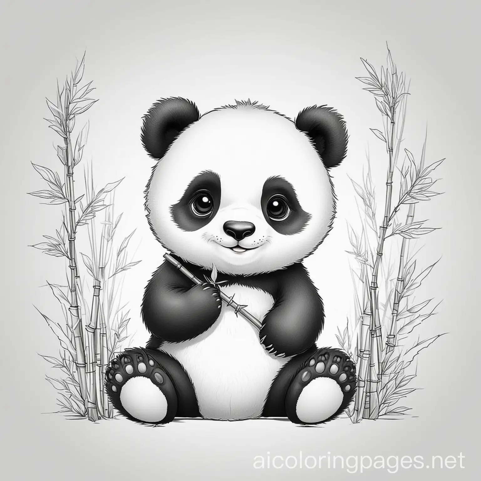 simple baby cute panda with bamboo for kids coloring book, Coloring Page, black and white, line art, white background, Simplicity, Ample White Space