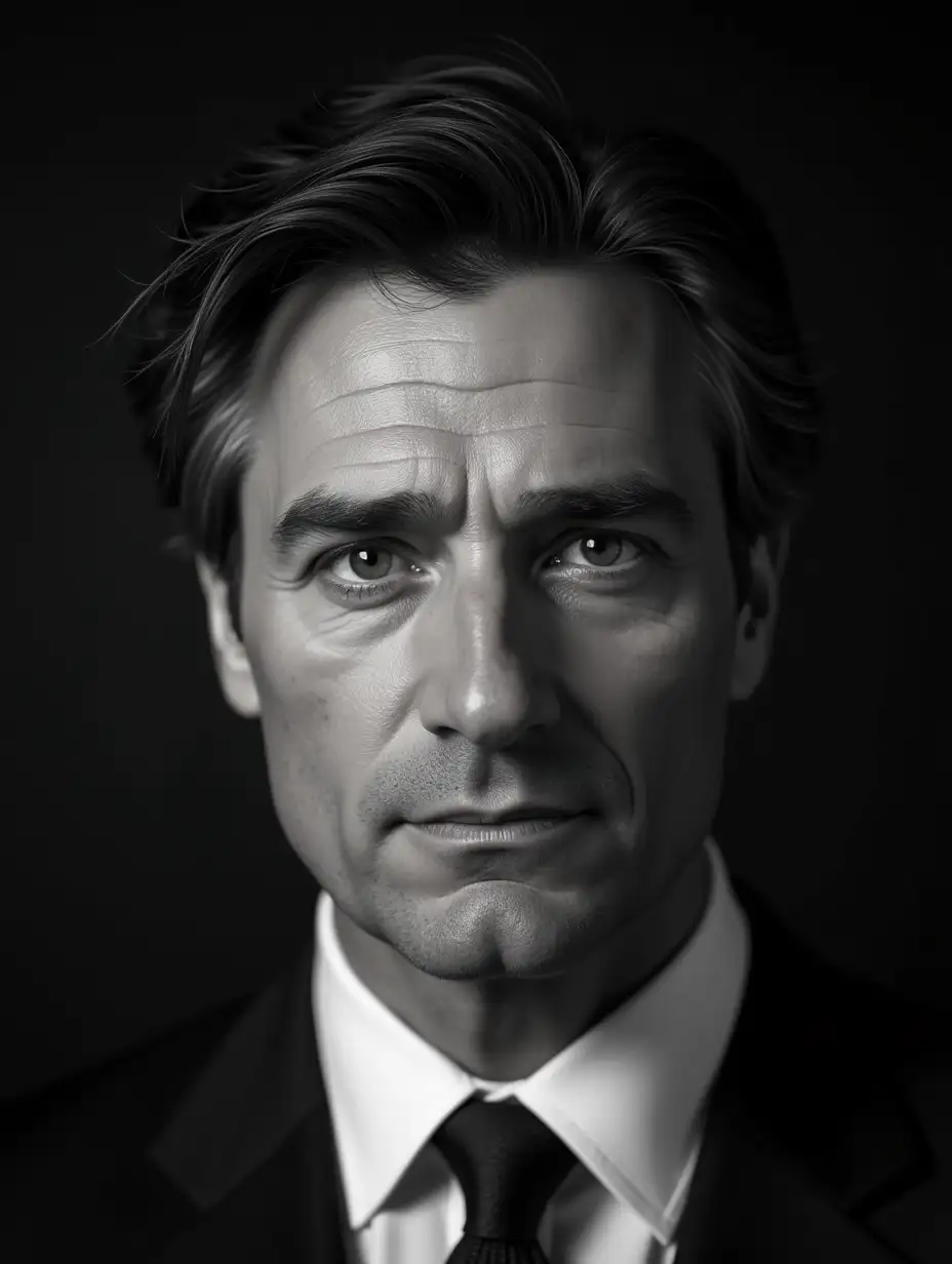 A detailed black and white portrait featuring a middle-aged man with deep-set, expressive eyes and slightly tousled dark hair. He is dressed in a tailored dark suit and crisp white shirt, conveying an air of sophistication. The lighting is soft, creating a dramatic yet subtle contrast that highlights his strong jawline and thoughtful expression. The composition focuses closely on his face, framing him in a way that draws attention to his features and the intensity of his gaze, reminiscent of early 20th-century portrait photography.