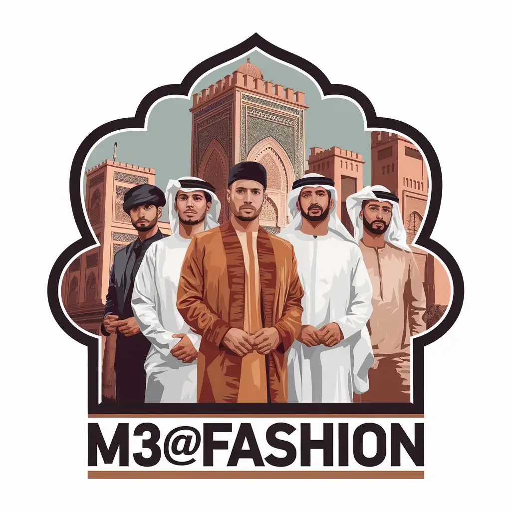 LOGO Design for M3Fashion Men in Traditional Moroccan Clothes with Arabic Building Theme