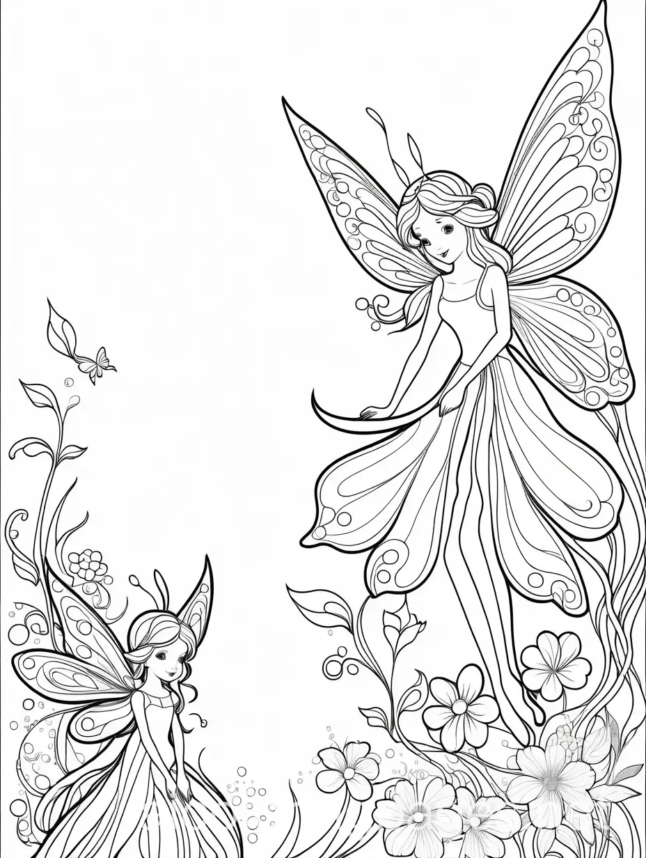 fairies, Coloring Page, black and white, line art, white background, Simplicity, Ample White Space. The background of the coloring page is plain white to make it easy for young children to color within the lines. The outlines of all the subjects are easy to distinguish, making it simple for kids to color without too much difficulty