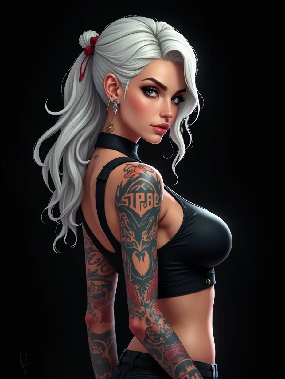 Depiction of a beautiful white woman with tattoos and long mixed white with black hair in a futuristic style and black background