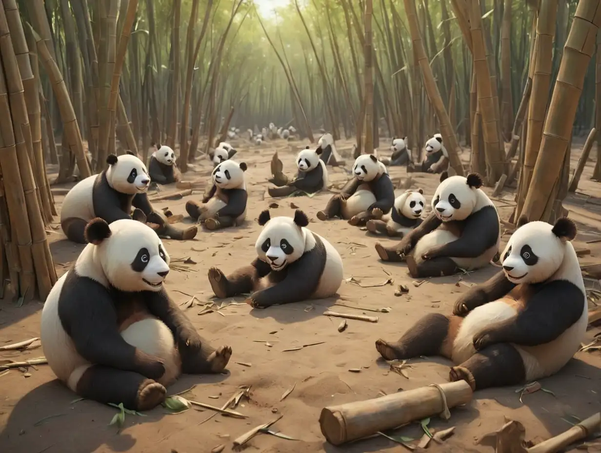 Wide shot of multiple pandas in a state of starvation, sitting under several dry, dead bamboo trees. The bamboo forest is arid, with a desolate atmosphere., 3d disney inspire