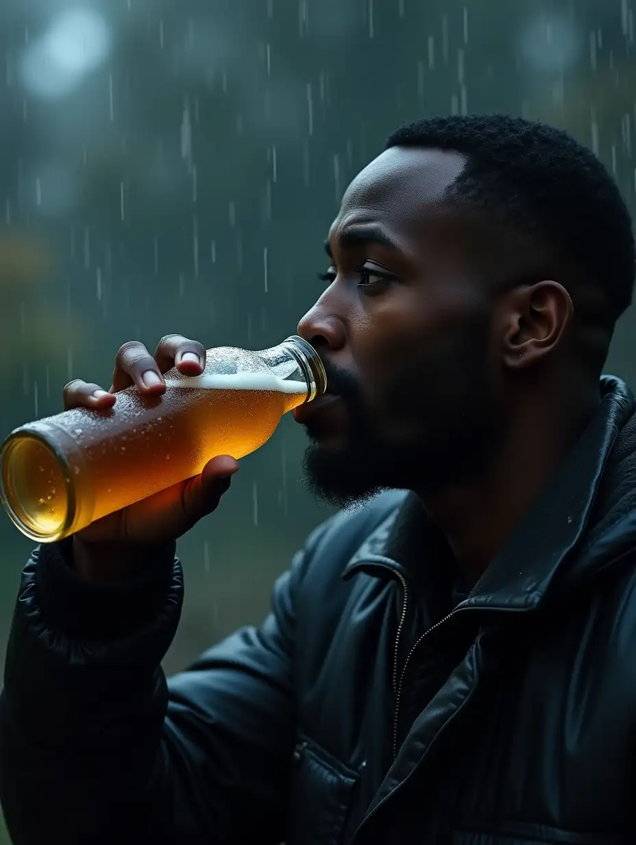 nigerian male drinking from a frosted cold bottle of beer, rainy, gloomy, raw photo, realistic, HD, 4k