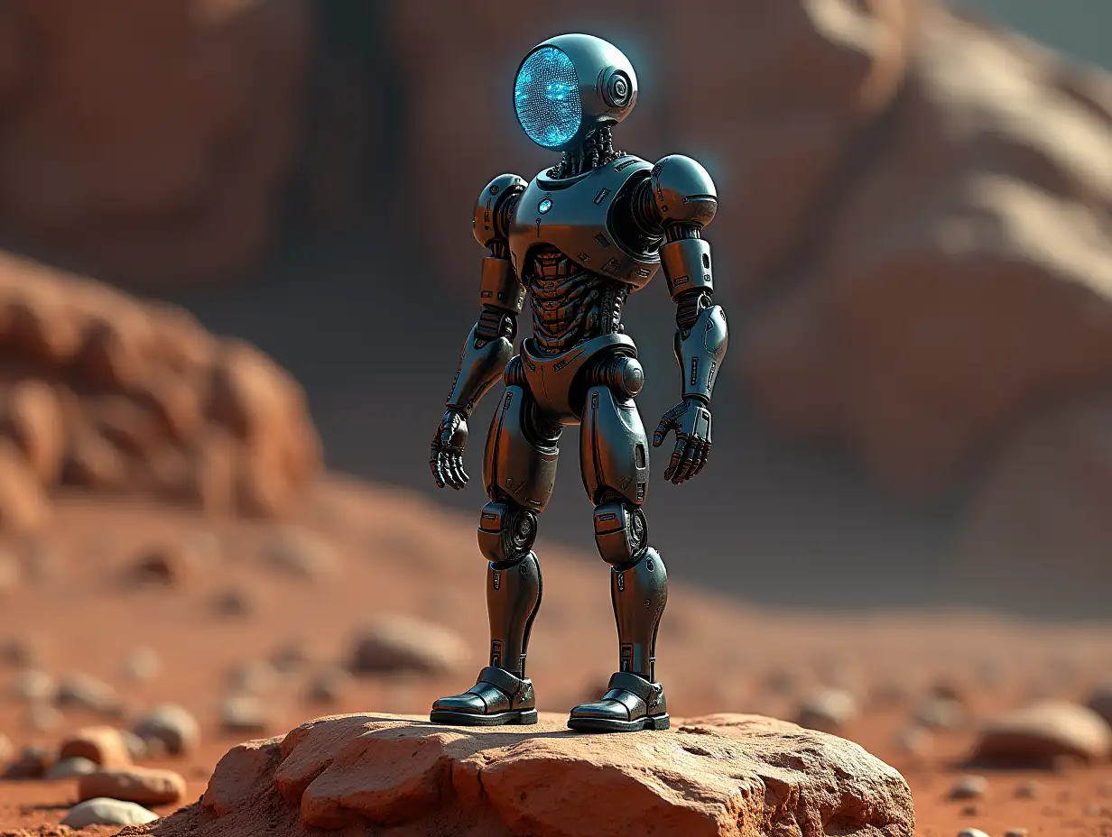 Create a high-resolution, realistic image of the artificial intelligence Robert with upper body legs and feet made of metal and glass head on a rock gears,lightwaveguides,led on a rock on Mars with 4k resolution