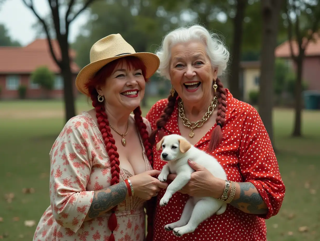 Two white, plump Pin-up girls 70 years old with red braids wear a low-cut blouse that is red and white mixed, with a light laugh on their mouth, tattoos, gold hat, red lipstick highlights their smile, modern jewelry, black skin, and one woman has a puppy and the other woman has a cat in her hand, in a park with many houses in Cyberpunk Brazil 8k quality