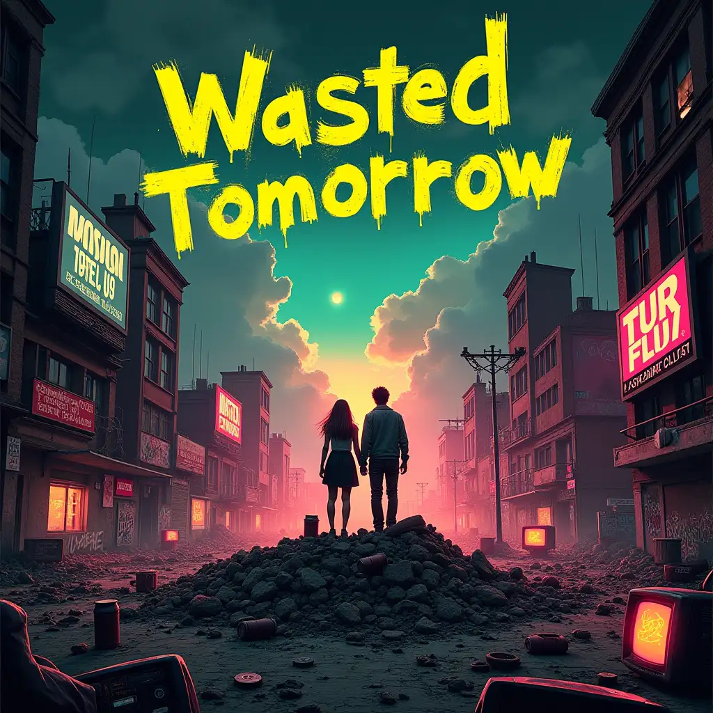 Create a montage of exaggerated chaotic setting album cover for Wasted Tomorrow with classic mood, capturing the raw energy of punk and the theme of defiance against a bleak future. The scene should feature a dystopian cityscape, with crumbling buildings and torn billboards, bathed in neon lights and a hazy, polluted sky. In the foreground, a couple can stands on a pile of rubble, defiantly facing the chaos. Surrounding them are signs of rebellion—scattered graffiti, broken TVs displaying static, and flames licking at the edges. The text 'Wasted Tomorrow' is written in bold, playful font, slightly tilted, with a distressed texture. The color palette should mix dark, moody tones—grays, blacks, and deep purples—with sharp, vivid accents of neon green, electric pink, and fiery orange to highlight the vibrancy of rebellion amidst the decay. The overall style should feel raw, unapologetic, and full of explosive energy, inviting listeners to embrace the chaos and live for the moment.