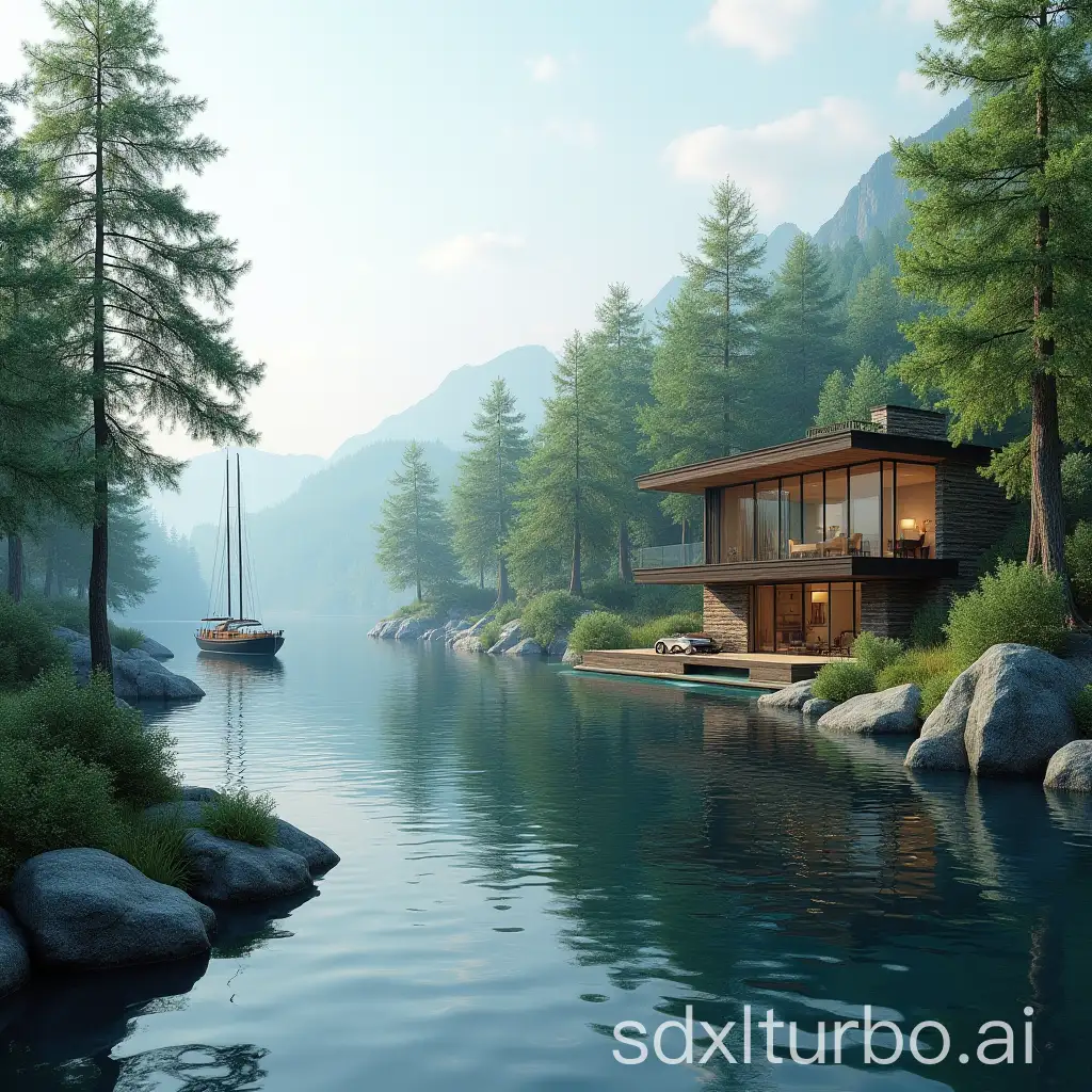 a house by the river, with glass walls. ships are sailing on the river. the riverbank is pine