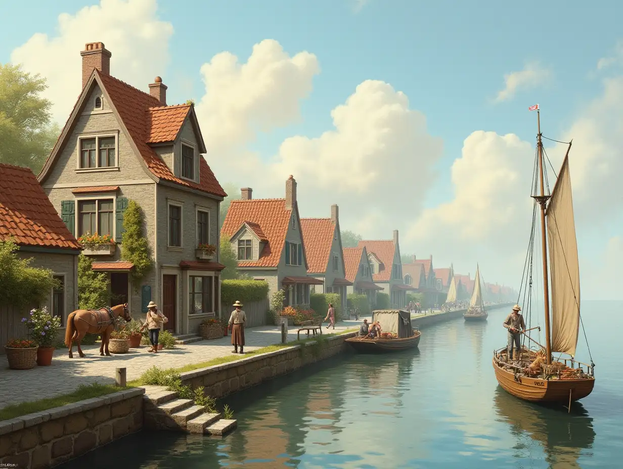 Dreamlike houses by a river with fishermen, fishing nets, fish baskets, a carriage with horse along the promenade and a small boat.