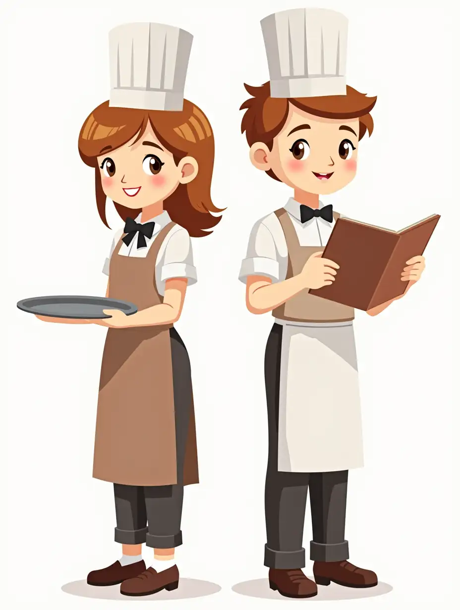 two waiters, girl and boy. boy holds a tray, girl holds a menu. clipart