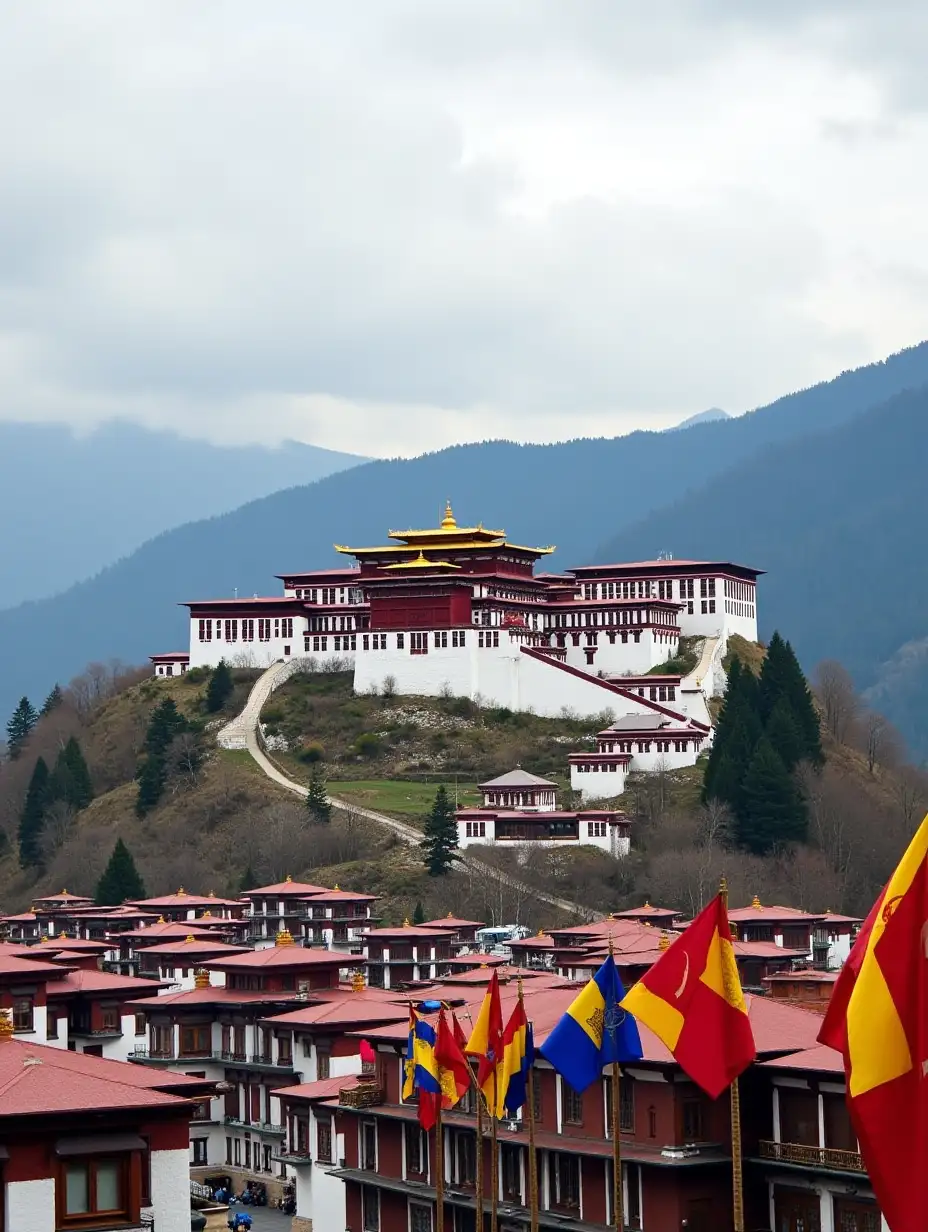 Image description: A panoramic shot of the Tashichho Dzong in Thimphu, Bhutan, with Bhutanese flags fluttering, symbolizing the country’s democratic values and constitution