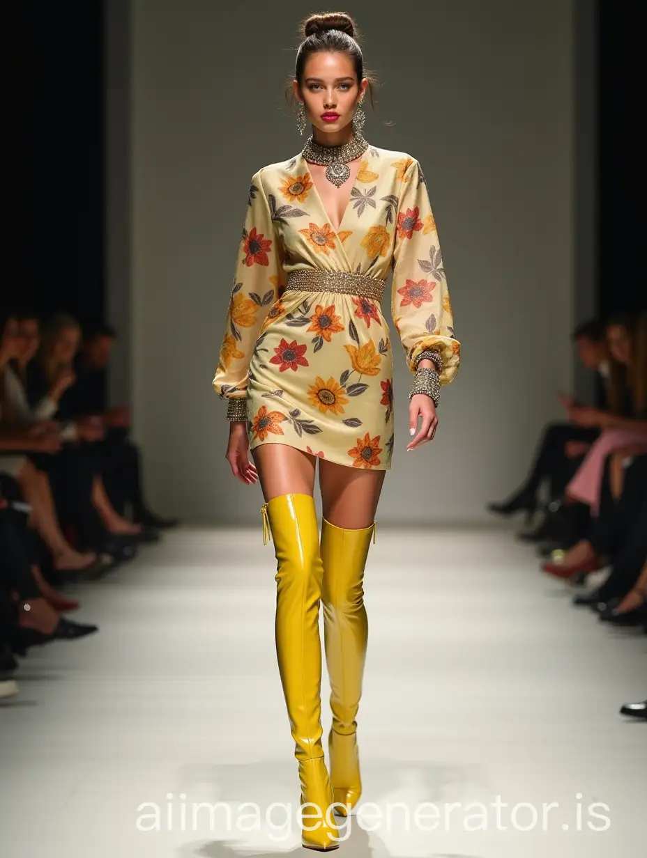 Russian-Model-on-Catwalk-in-Yellow-ThighHigh-Boots-and-Floral-Sheath-Dress-with-Lurex-Bolero