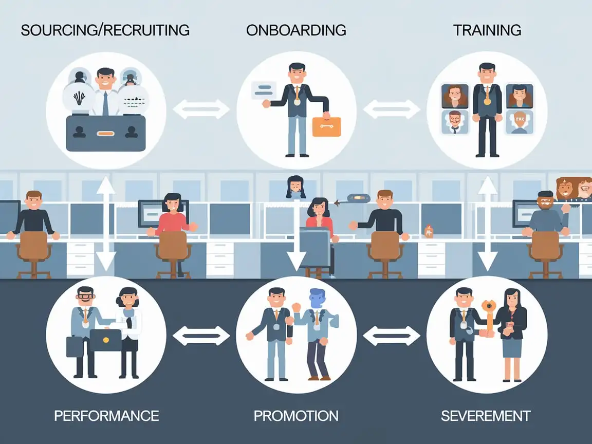 create an interesting graphic illustrating the employee life cycle from sourcing/recruiting through severance/retirement