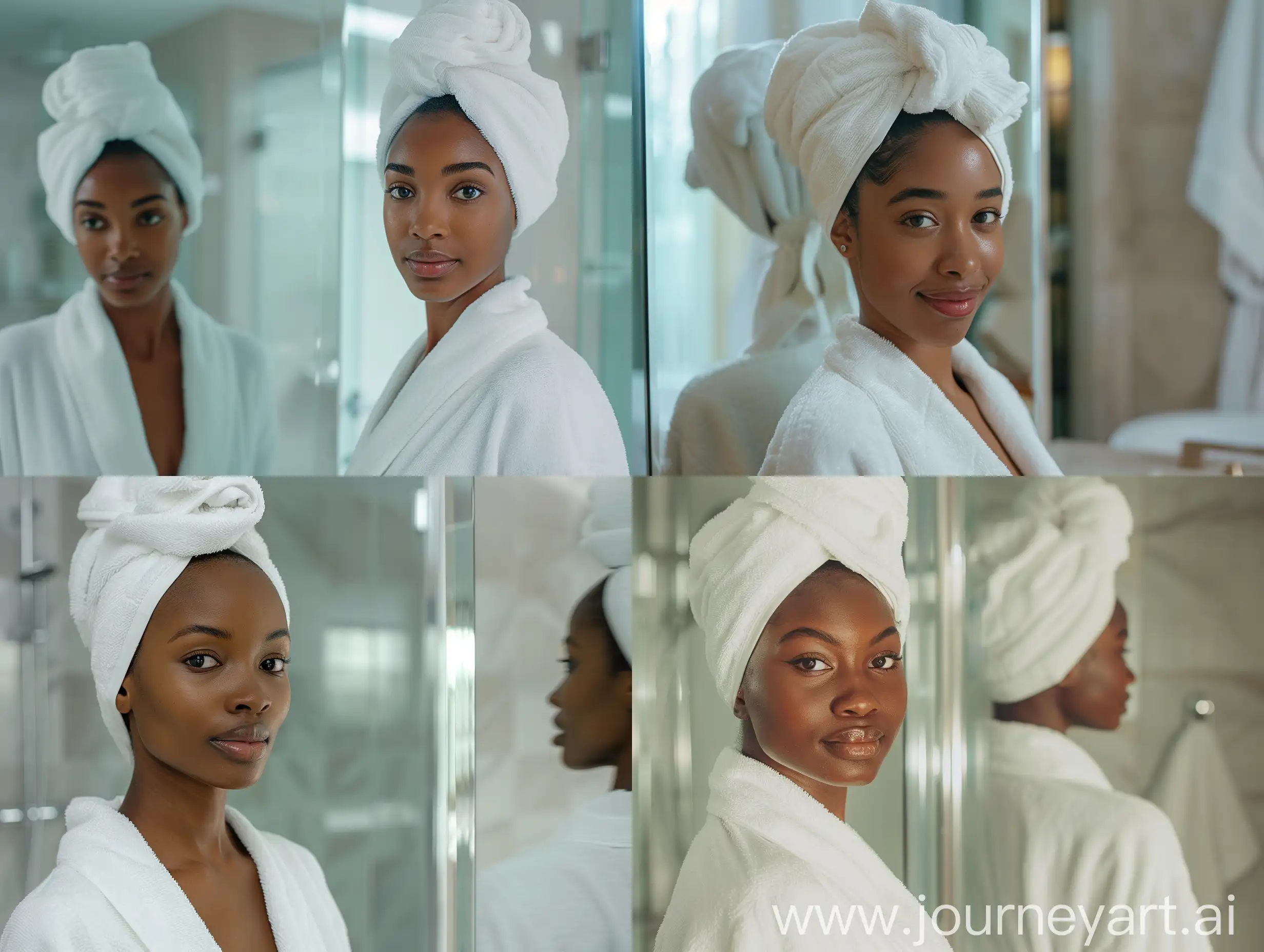 Young-Black-Woman-in-White-Bathrobe-Looking-in-Mirror