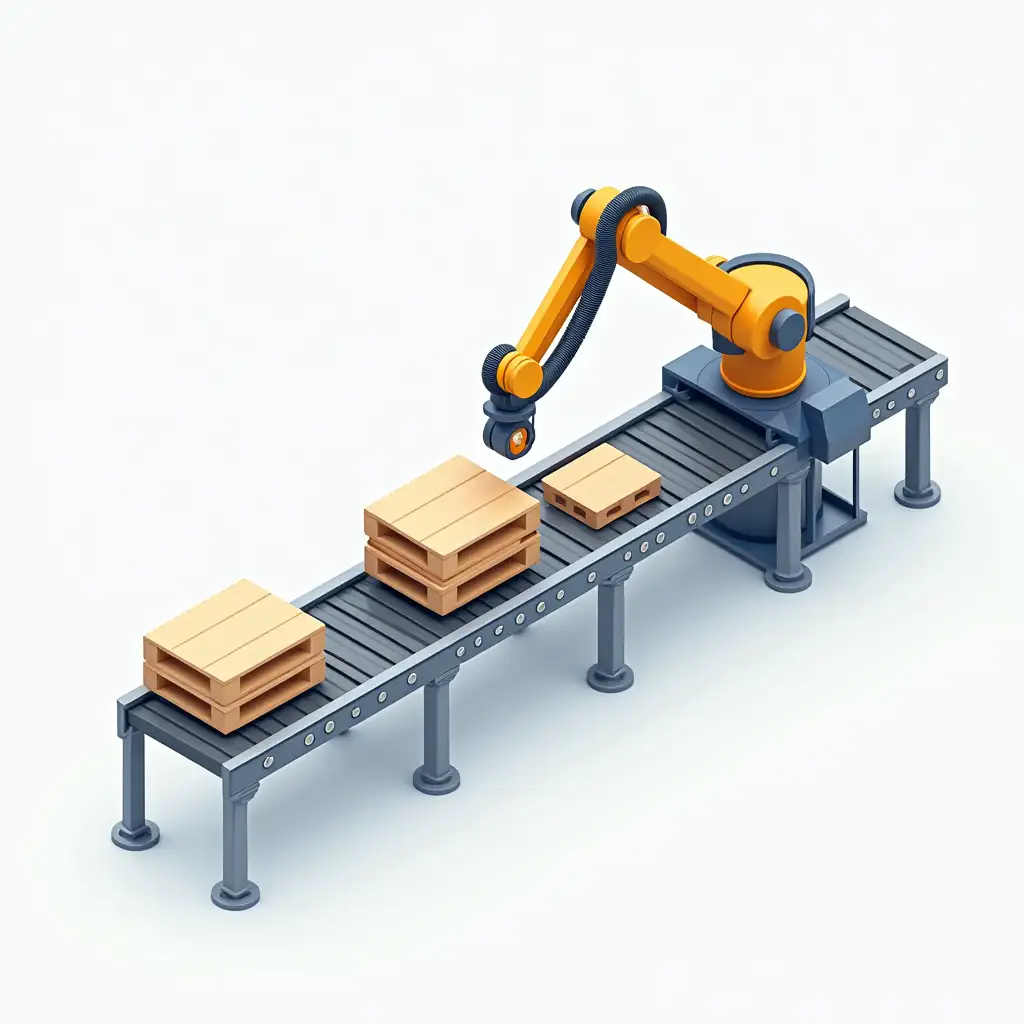 Isometric automated production line concept with industrial conveyor belts for pallets and robotic mechanical arms, palatizer and depalletizer  isolated vector illustration