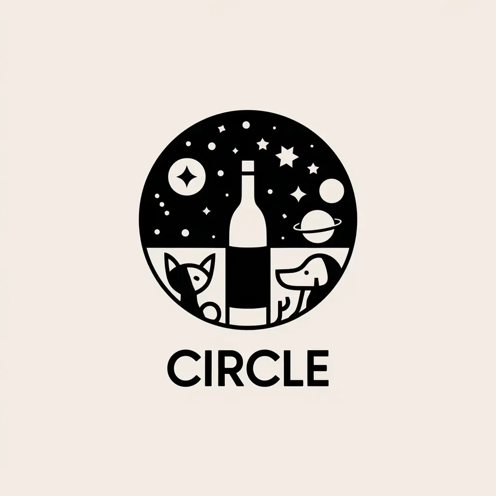 a vector logo design,with the text "circle", main symbol:Starry sky, wine, round, planet, cat, dog,Moderate,be used in bars industry,clear background