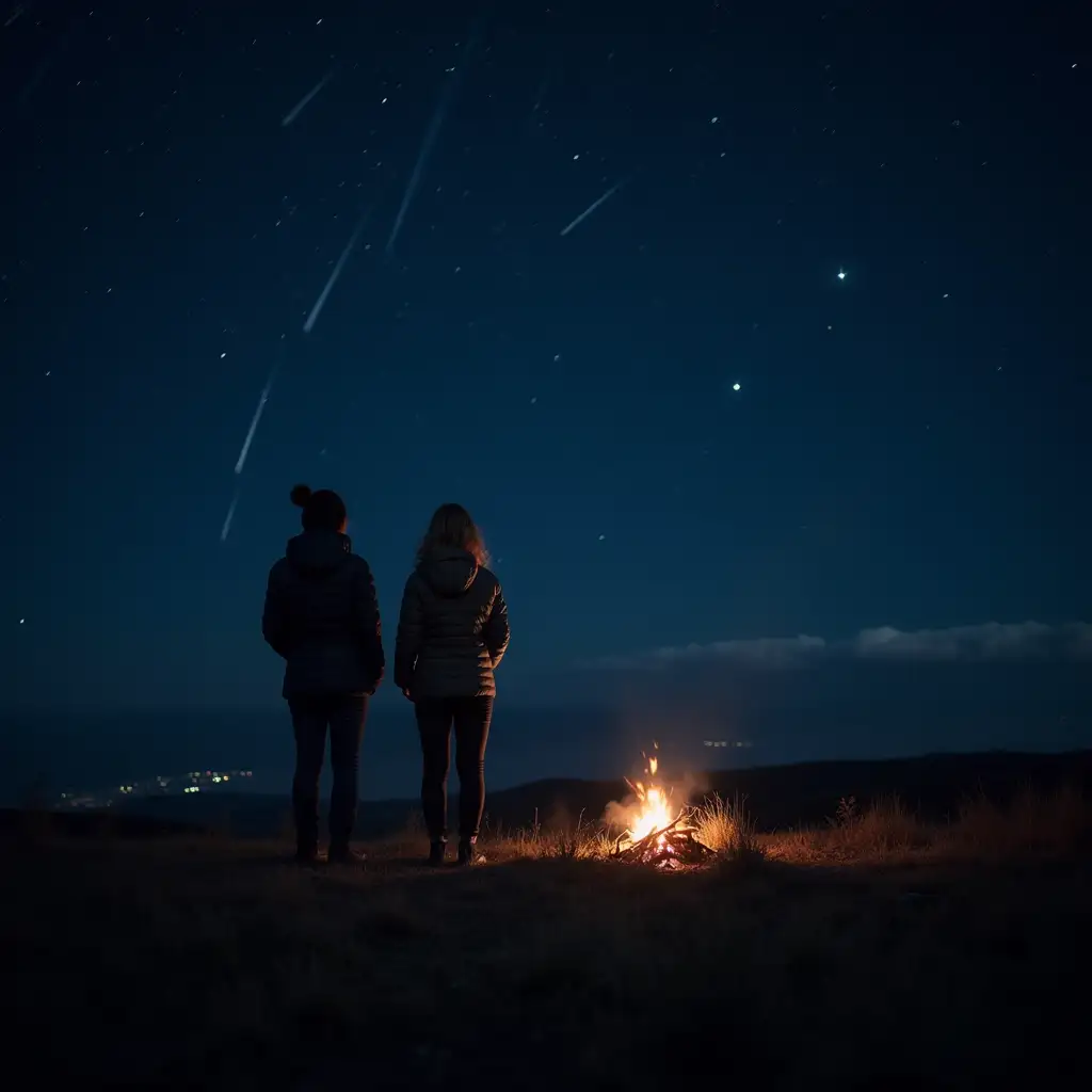 Two Women Watching Shooting Stars under a Starry Sky by Campfire