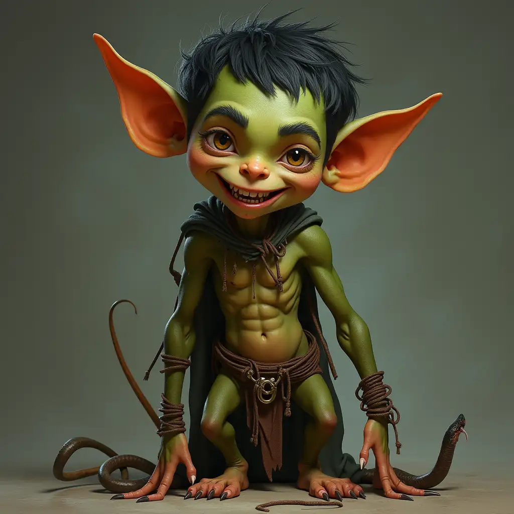 Photo portrait, 75 mm, rendering, goblin, height 120 cm, short dark hair, green-orange skin color, flat face, wide nose, large ears, wide mouth, sharp fangs, half-naked torso, roughly sewn clothes from the corpses of rats and snakes, thief,