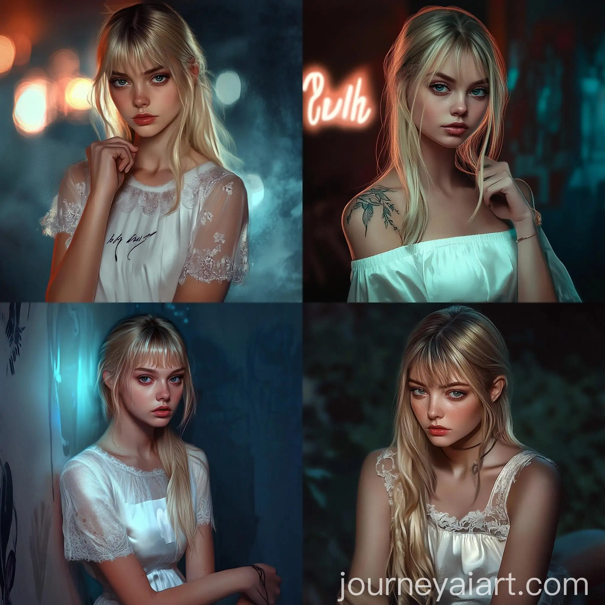 Blonde-Girl-in-White-Evening-Dress-in-Neonlit-Evening-Scene