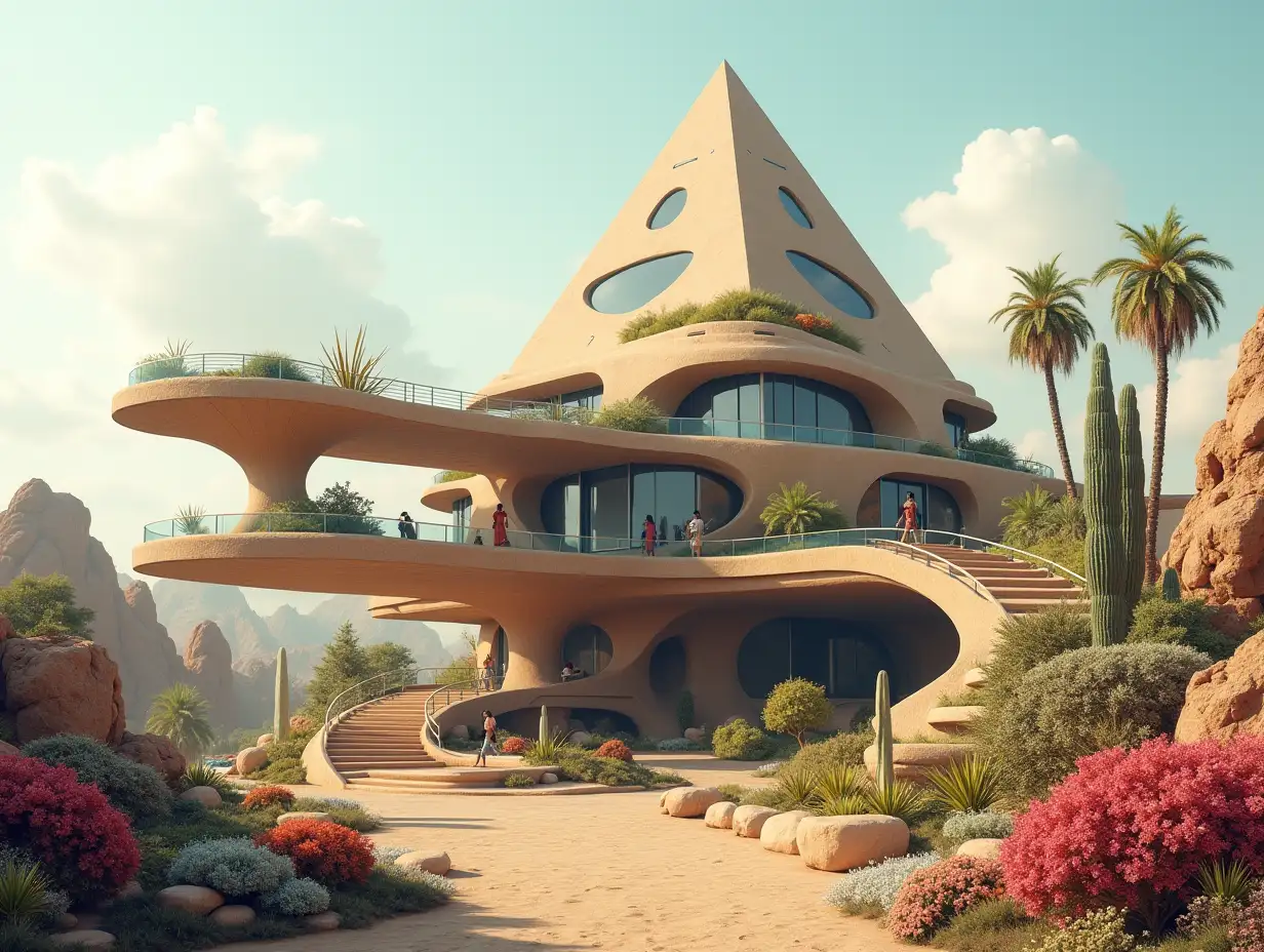 Create a high-resolution, realistic panorama image of a futuristic terrace building with window pyramid house with bridge, one and one  with people, many plants and colorful flowers White and brown facades before the desert oasis, big trees, very cloudy sky