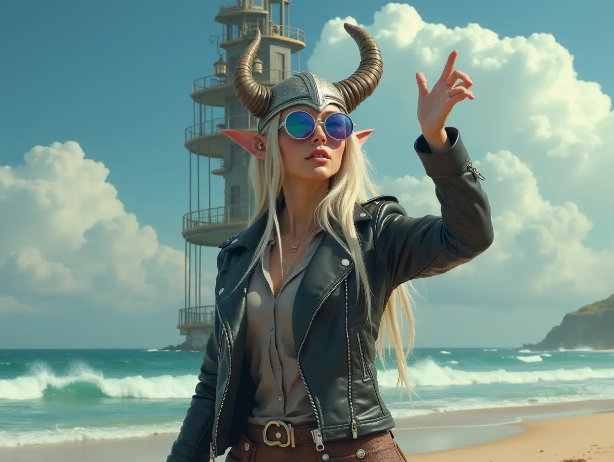 Female half-elf transforms into a tall building with a terrace, lantern and hanging swing on the beach with large waves and clouds in a leather jacket, with a raised silver hand and a horn helmet with integrated mirror sunglasses