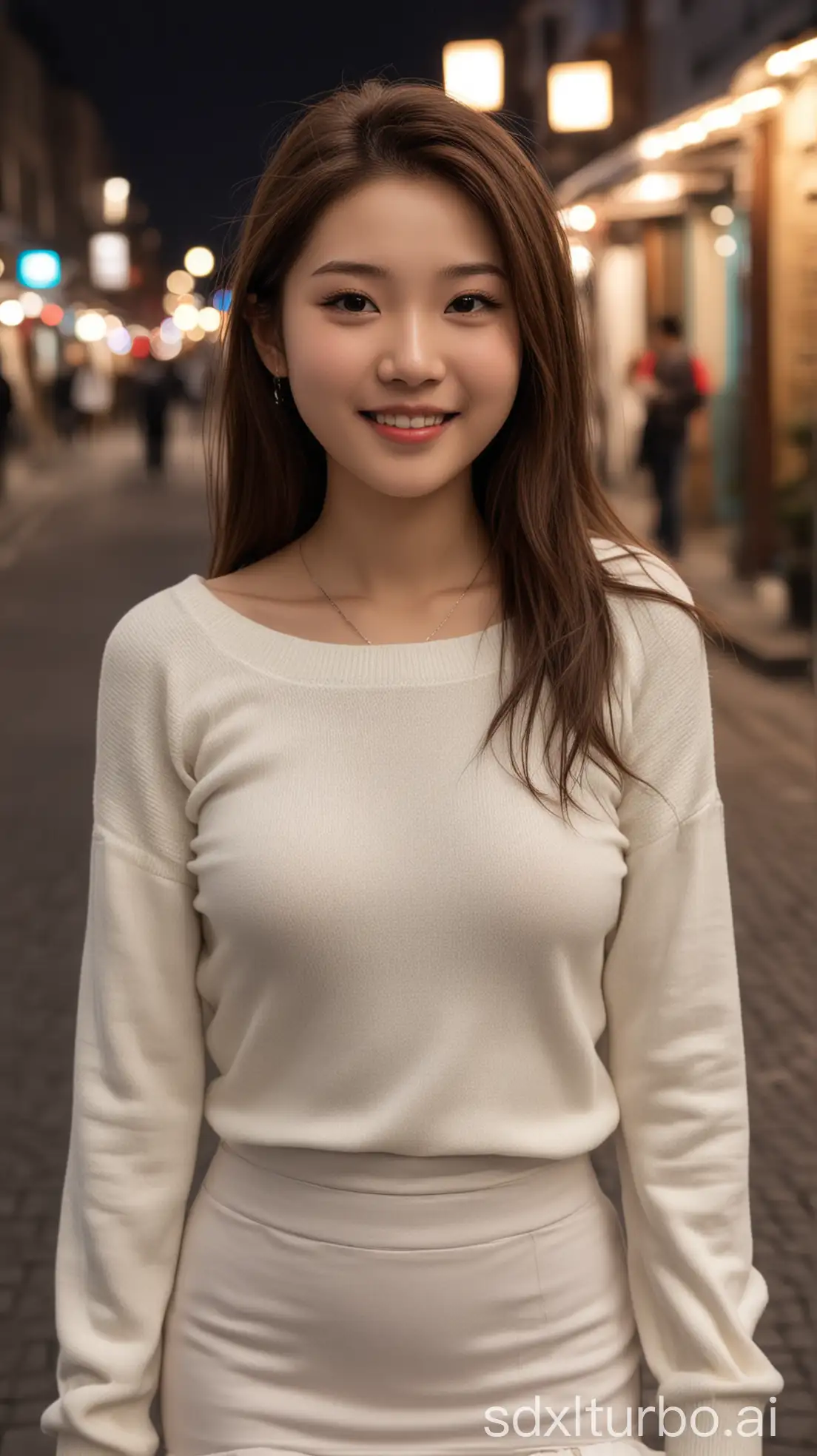 16YearOld-Chinese-Woman-in-Winter-Night-Street-Walk-Wearing-White-Sweater-and-Long-Skirt