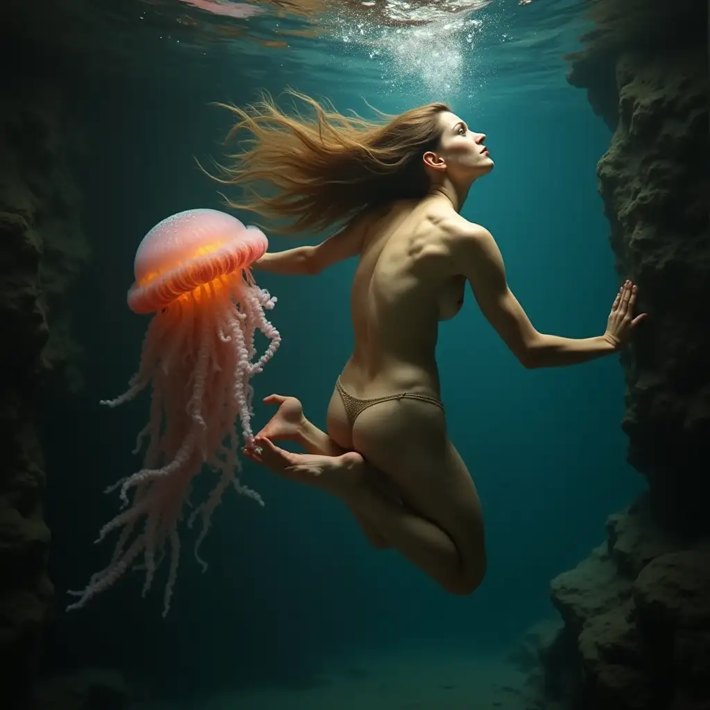 Muscular-Woman-Interacting-with-Jellyfish-in-Underwater-Cavern