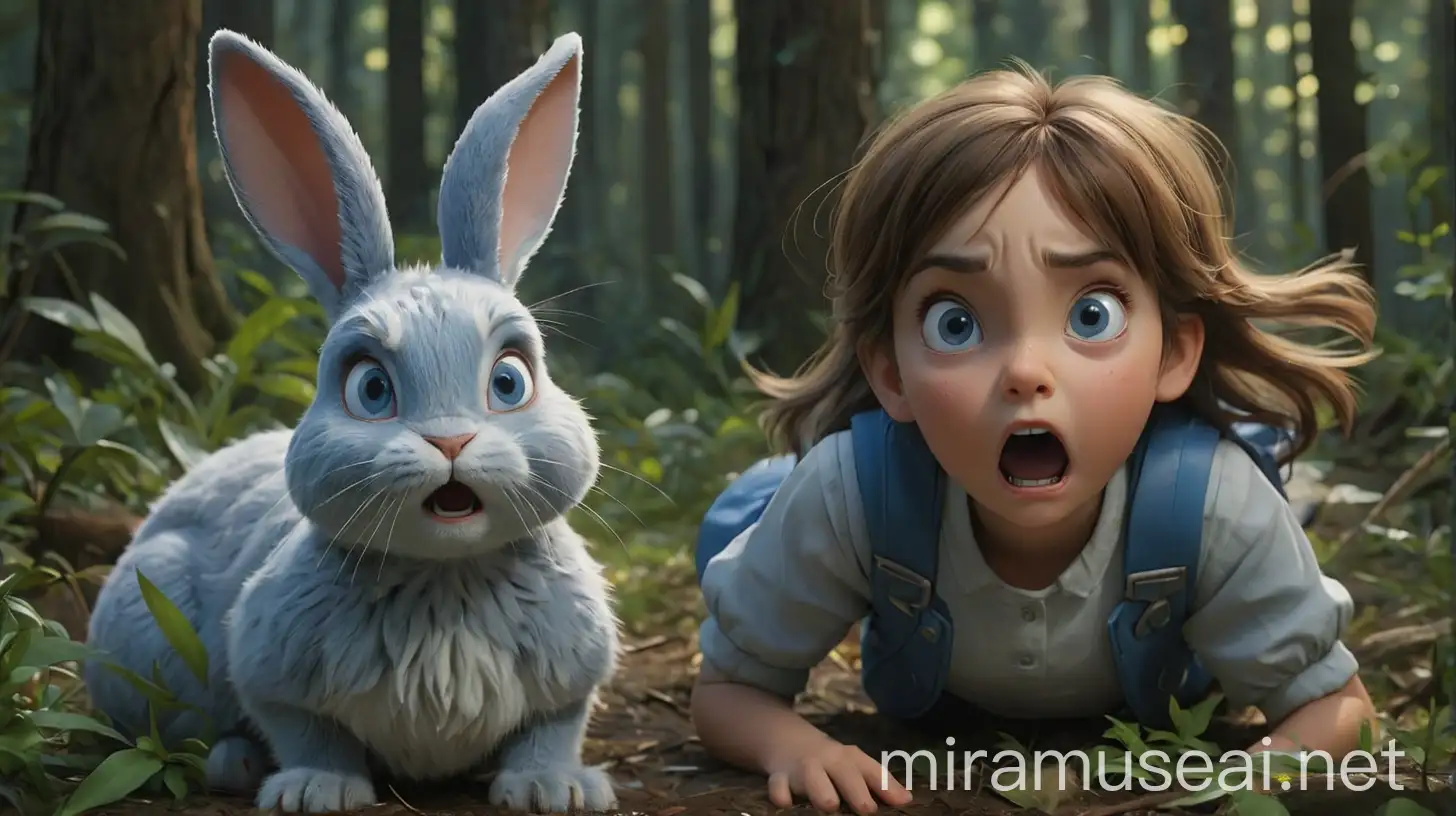 Young Girls Reacting to Big Blue Rabbits Warning in Dark Forest Setting