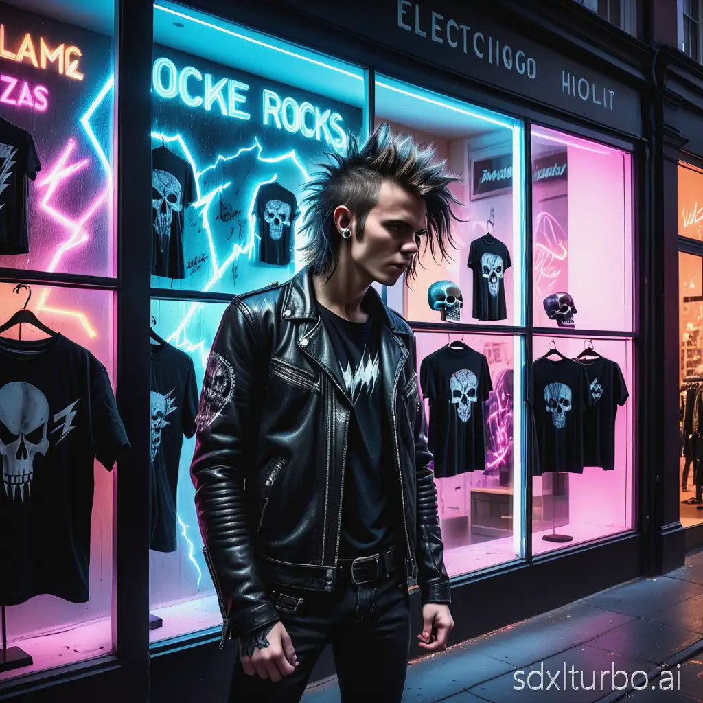 A young rocker with messy hair and a black leather jacket, ecstatic while looking at a store window full of rock-style T-shirts. The window display is perfectly organized, with black T-shirts hanging on racks, each showing generic rock-inspired graphics (electric guitars, stylized skulls, lightning bolts, vintage typography without readable text). The environment resembles a thematic gallery like Bond Street, with neon lights reflecting on the glass and a nighttime urban atmosphere. Realistic reflections on the glass, cinematic atmosphere, warm lighting mixed with cool neon tones. High-quality photographic composition, hyperrealistic realism, subtle film grain, depth of field, vertical aspect ratio 9:16.