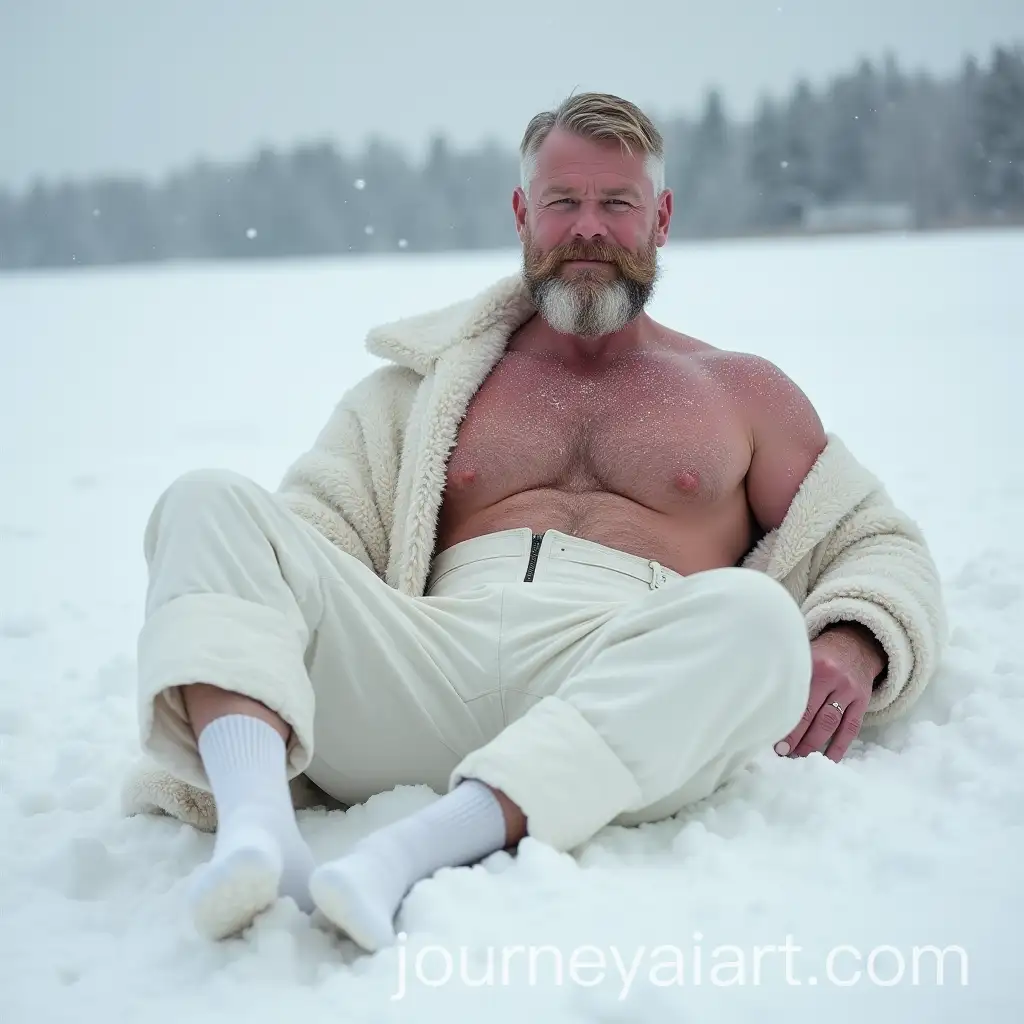 Handsome-Blond-Man-in-Unbuttoned-Captain-Uniform-Relaxing-in-the-Snow