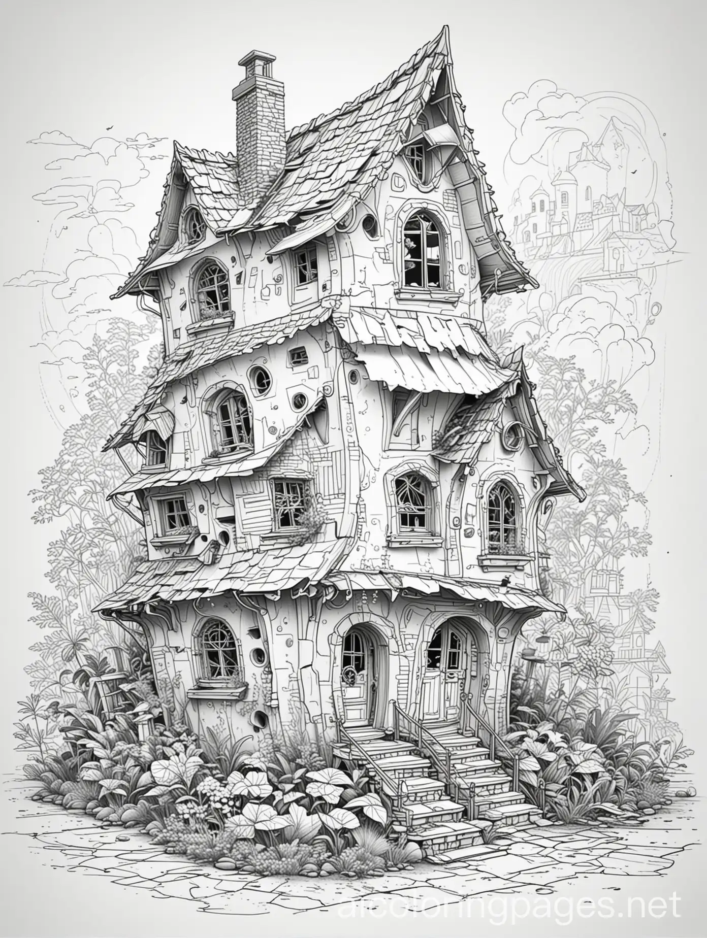 Fantasy-House-Coloring-Page-Crashed-Plane-Line-Art