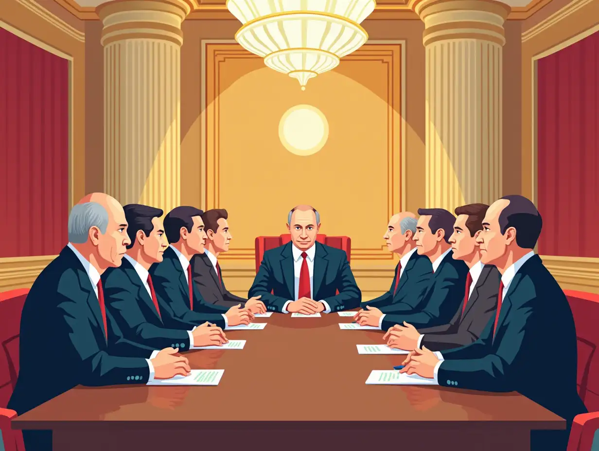 Style: Putin meeting with foreign allies in a grand hall, Futurama in a flat illustration style