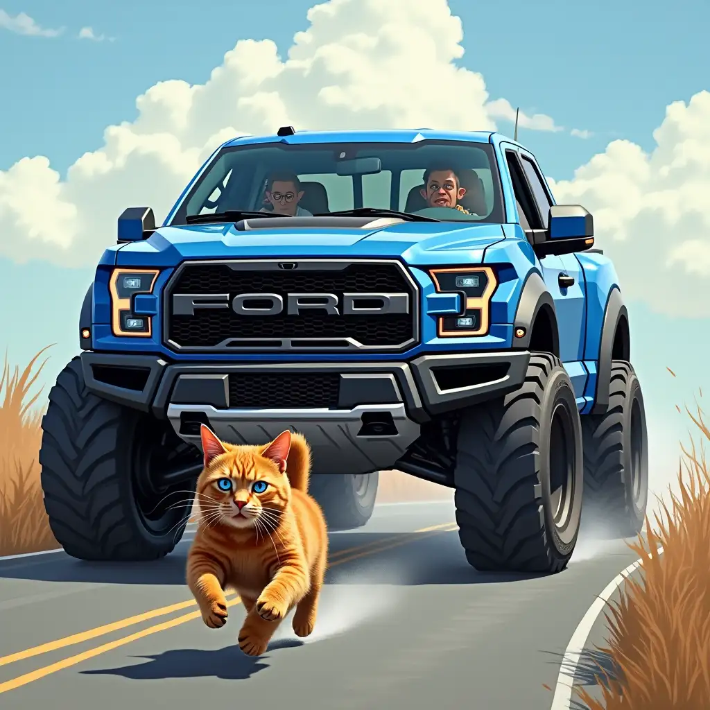 A huge blue ford f-150 raptor is chasing a fluffy ginger cat, who is running away in fear along the road, with blue eyes, and inside the car there are scary punks, drawing