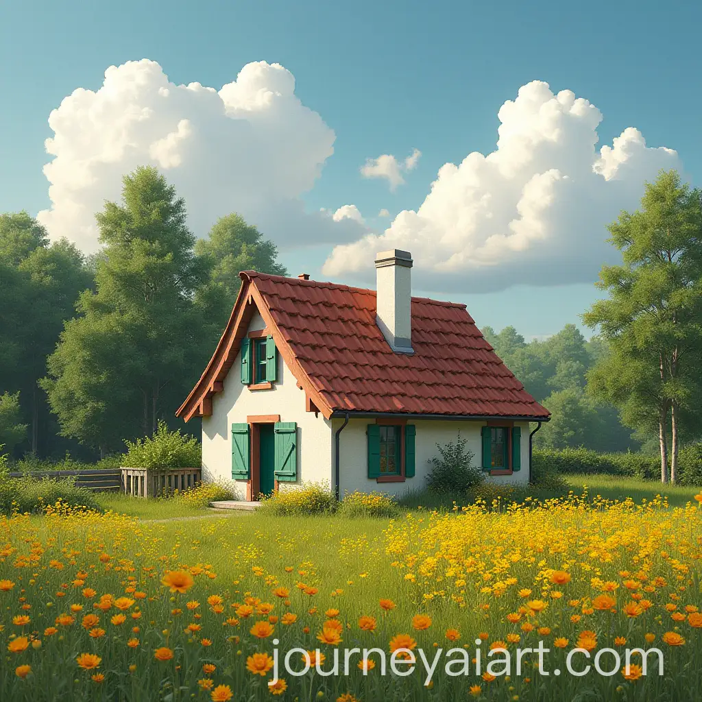 Cottage-with-Big-Clouds-and-Yellow-Wildflowers
